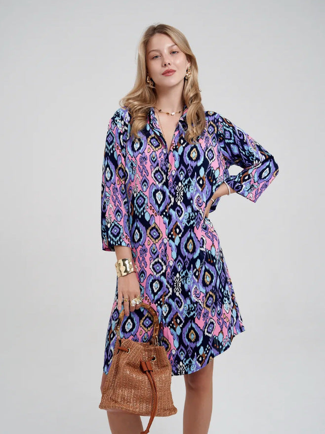 Printed Lapel Single-breasted Cardigan Shirt Dress