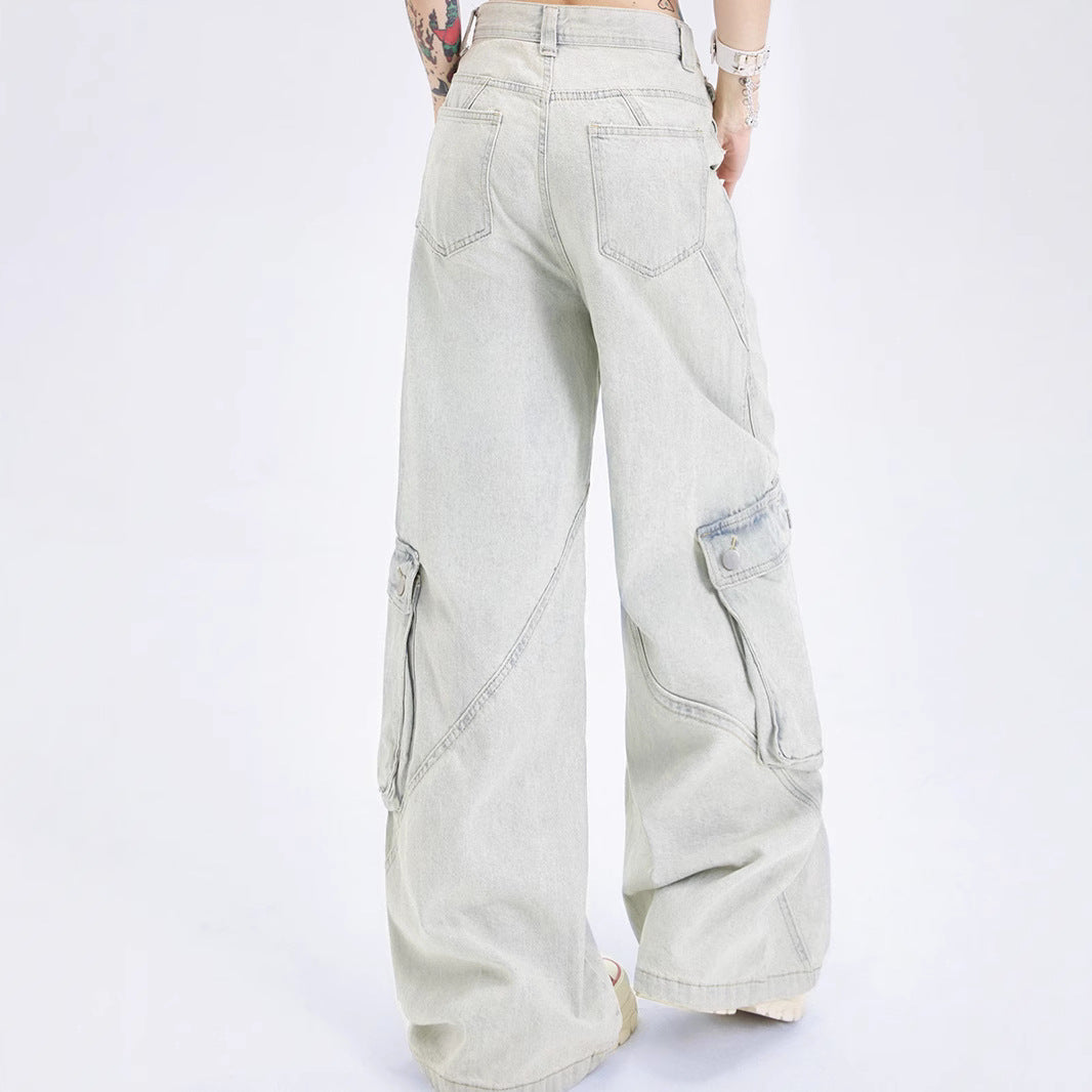 Womens Straight-Leg Multi-Pocket Workwear-Style Loose Wide-Leg Denim Jeans