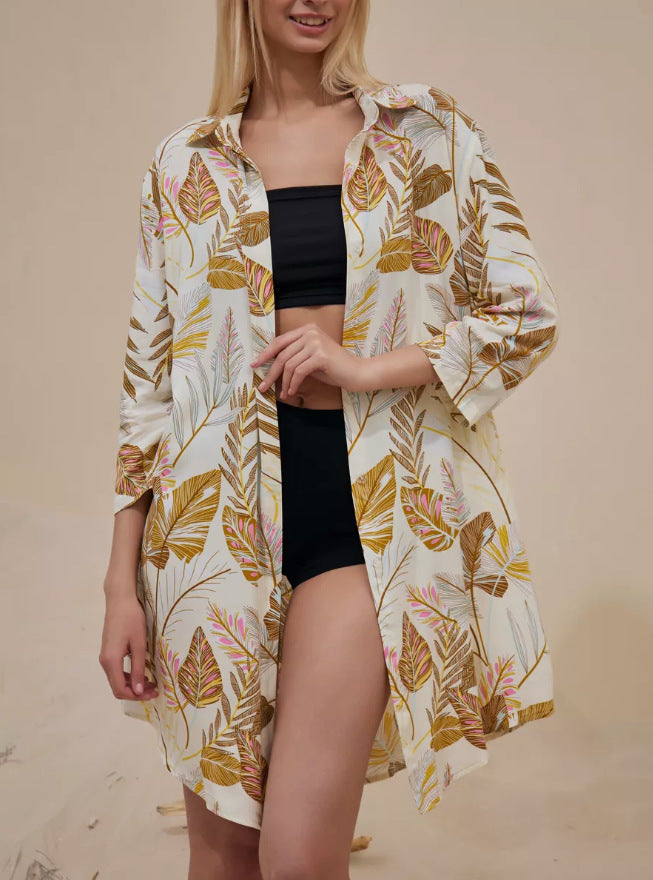 Printed Lapel Single-breasted Cardigan Shirt Dress