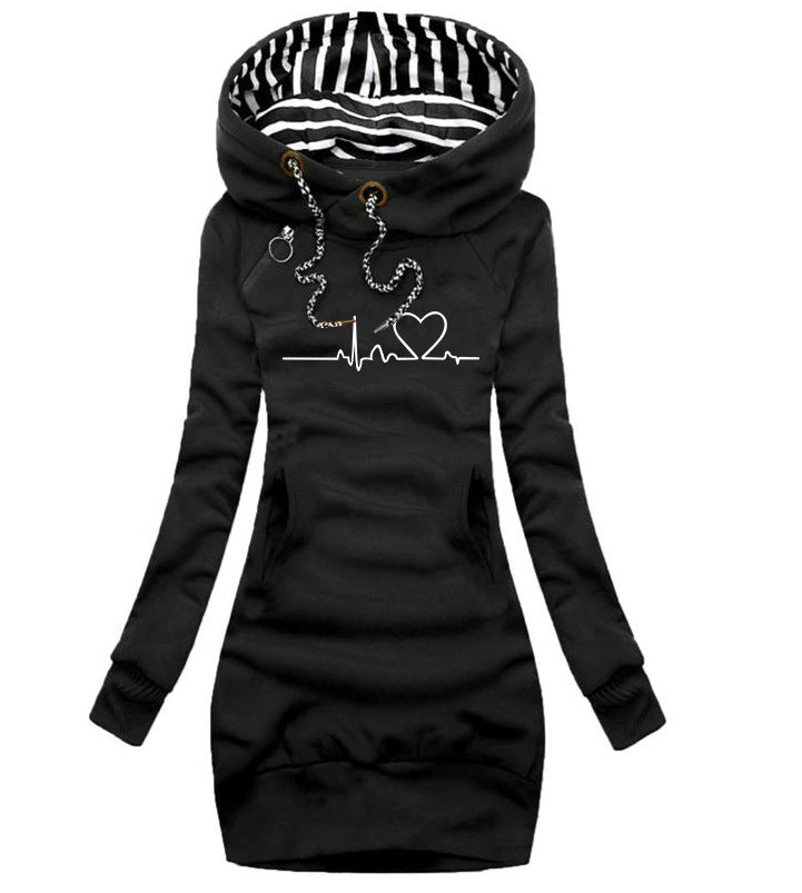 Heart Print Long Women Hoodie