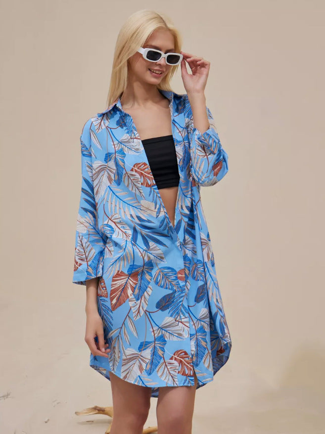 Printed Lapel Single-breasted Cardigan Shirt Dress