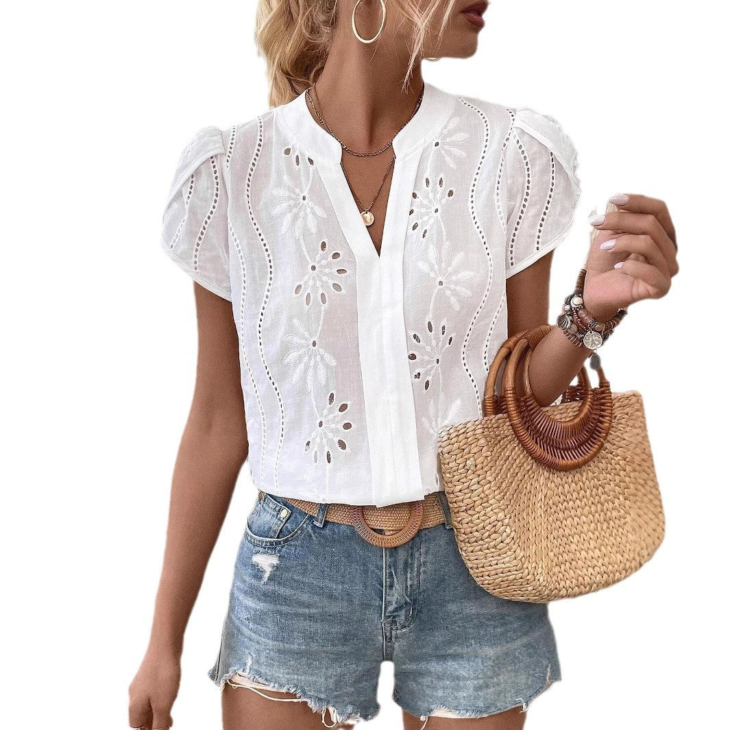V-neck Short-sleeve Womens Blouse