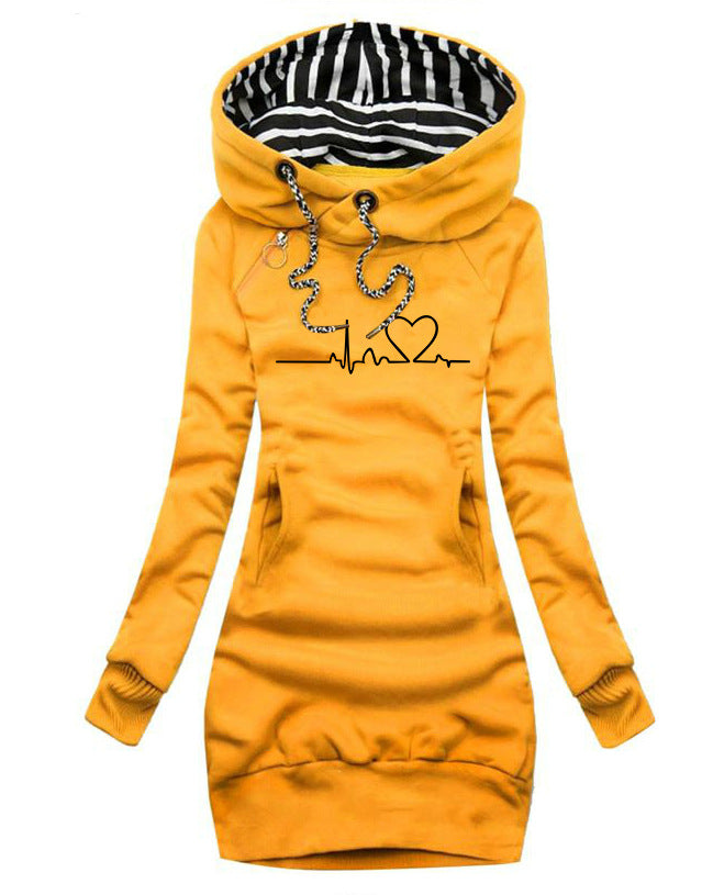 Heart Print Long Women Hoodie