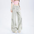 Womens Straight-Leg Multi-Pocket Workwear-Style Loose Wide-Leg Denim Jeans