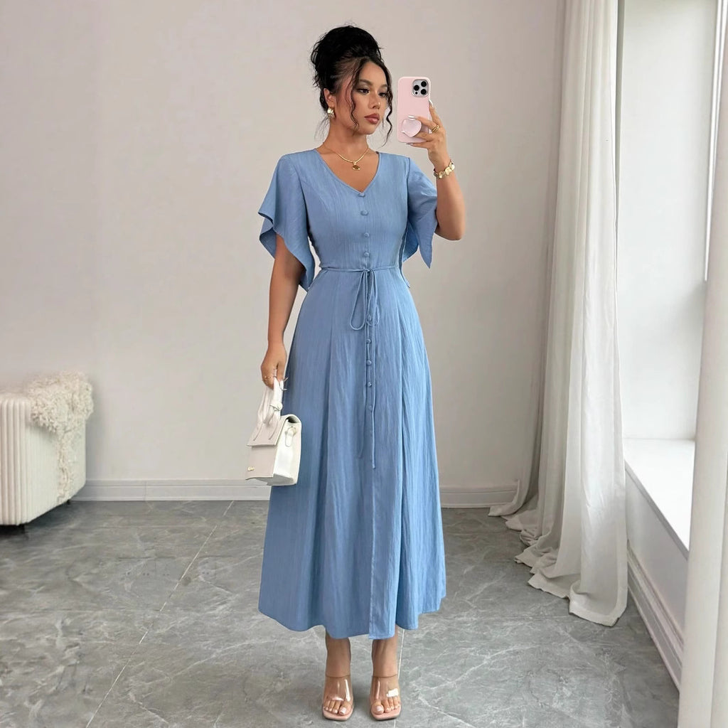Elegant French-inspired High-end Blue V-neck Belted Maxi Dress