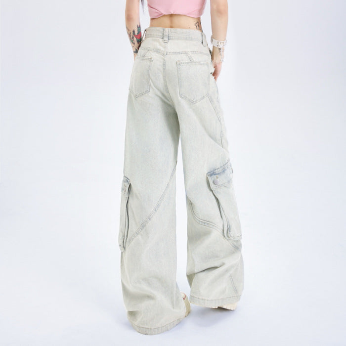Womens Straight-Leg Multi-Pocket Workwear-Style Loose Wide-Leg Denim Jeans