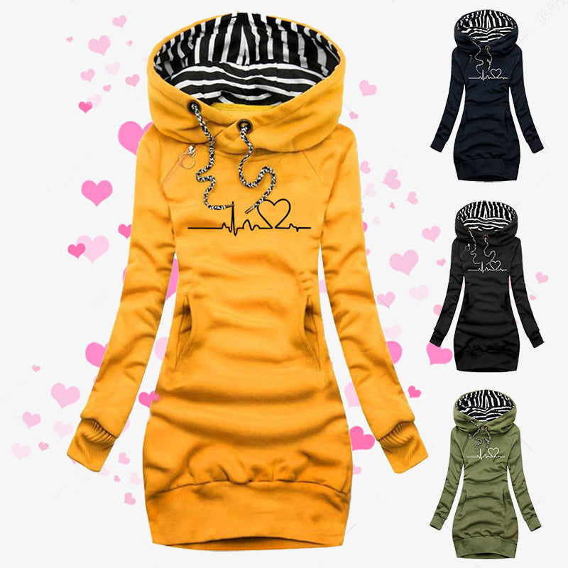 Heart Print Long Women Hoodie