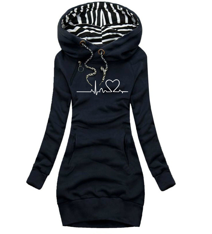 Heart Print Long Women Hoodie